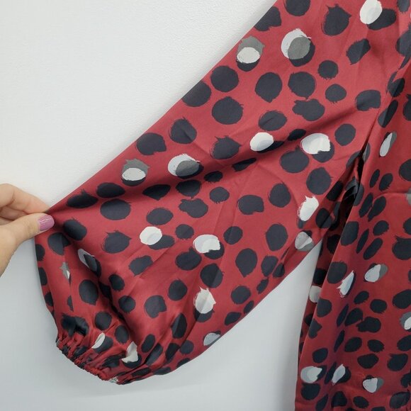 Monroe & Main Red Polka Dot Print Peasant Blouse L Sheer 3/4 Balloon Sleeve Top - Picture 8 of 15